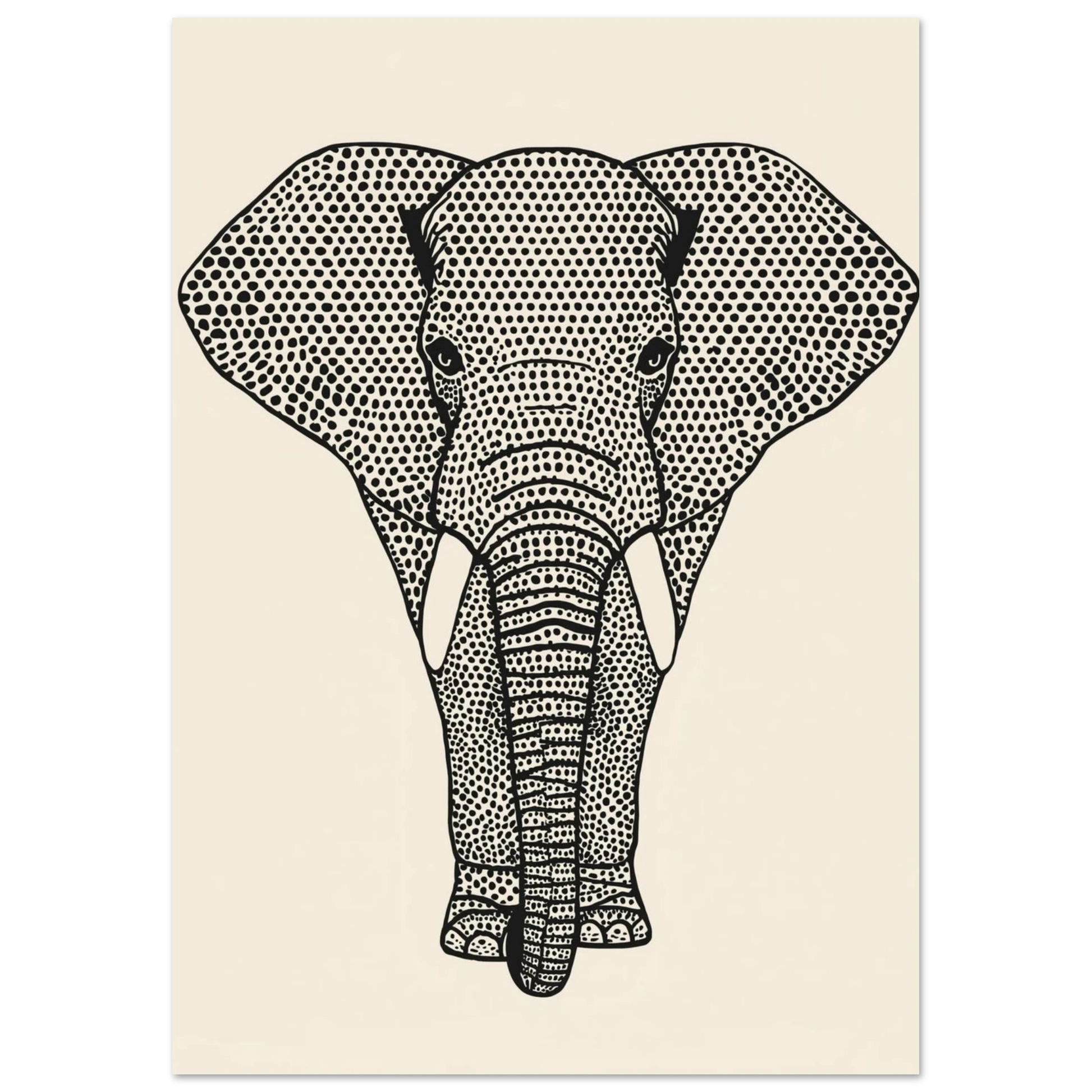 Stiliserad elefant med prickar i pointillism-teknik, minimalistisk djurposter för hemmet