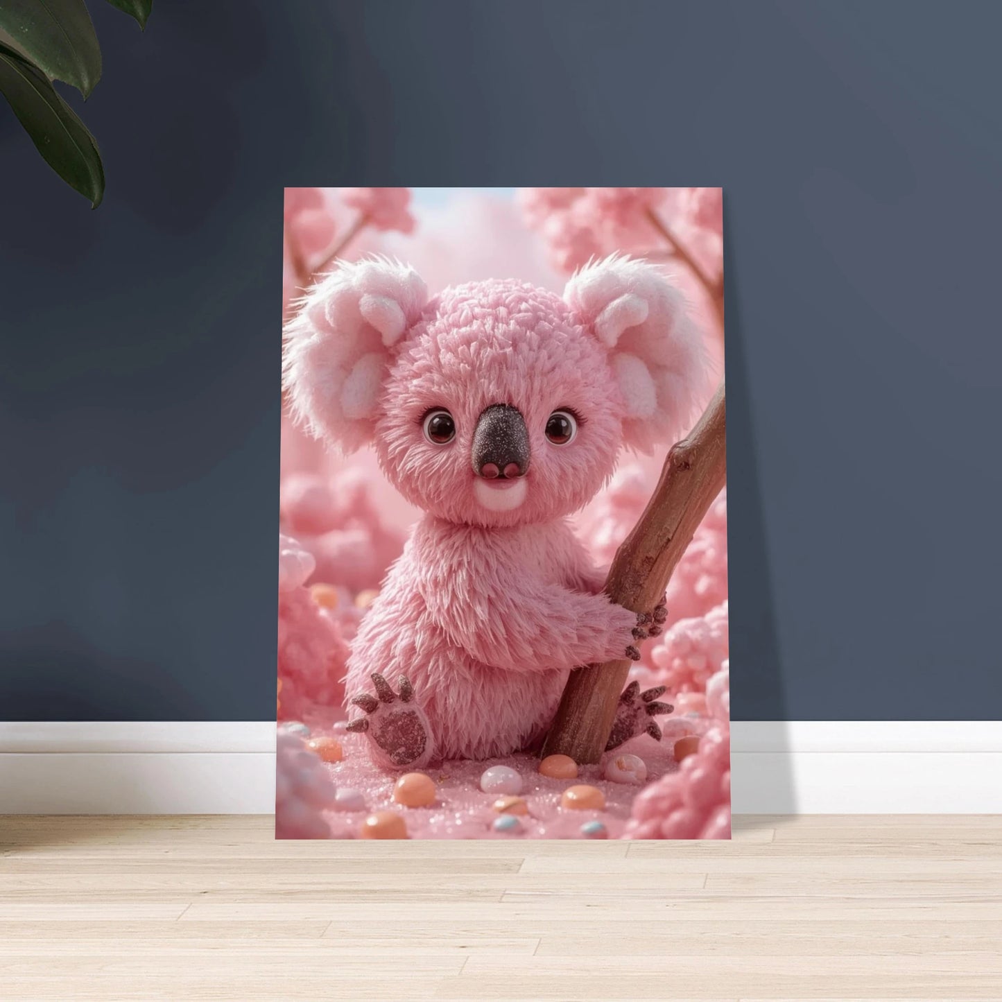 Sockervaddskoala i rosa fantasivärld, söt och drömlik, med godis.