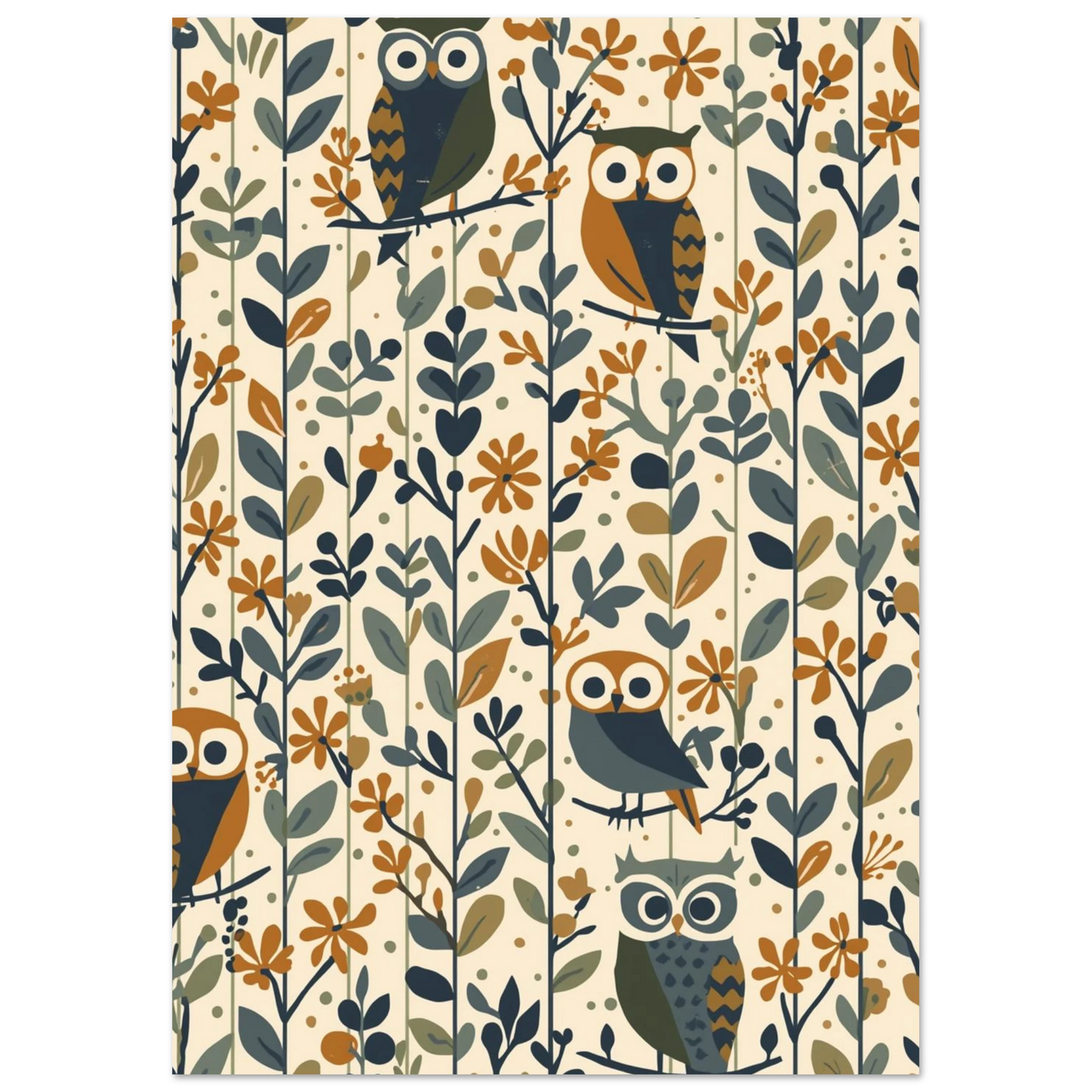 Retroinspirerad tavla med ugglor på grenar i nordisk skogsdesign, naturmotiv