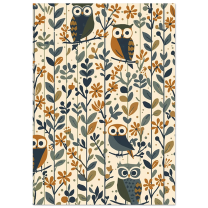 Retroinspirerad tavla med ugglor på grenar i nordisk skogsdesign, naturmotiv