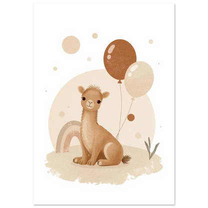 Sittande kamel med bruna ballonger och regnbåge – beige barnposter