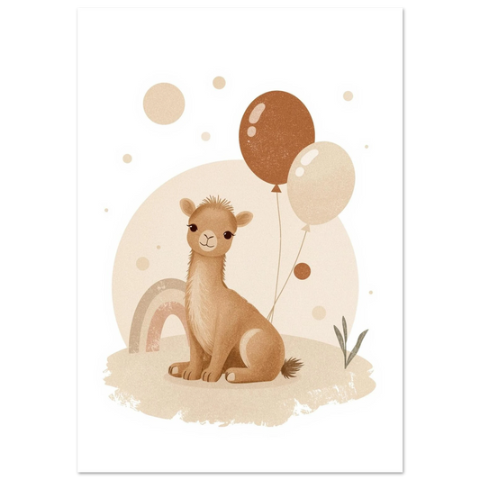 Sittande kamel med bruna ballonger och regnbåge – beige barnposter
