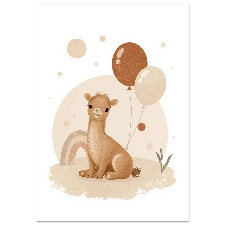 Sittande kamel med bruna ballonger och regnbåge – beige barnposter