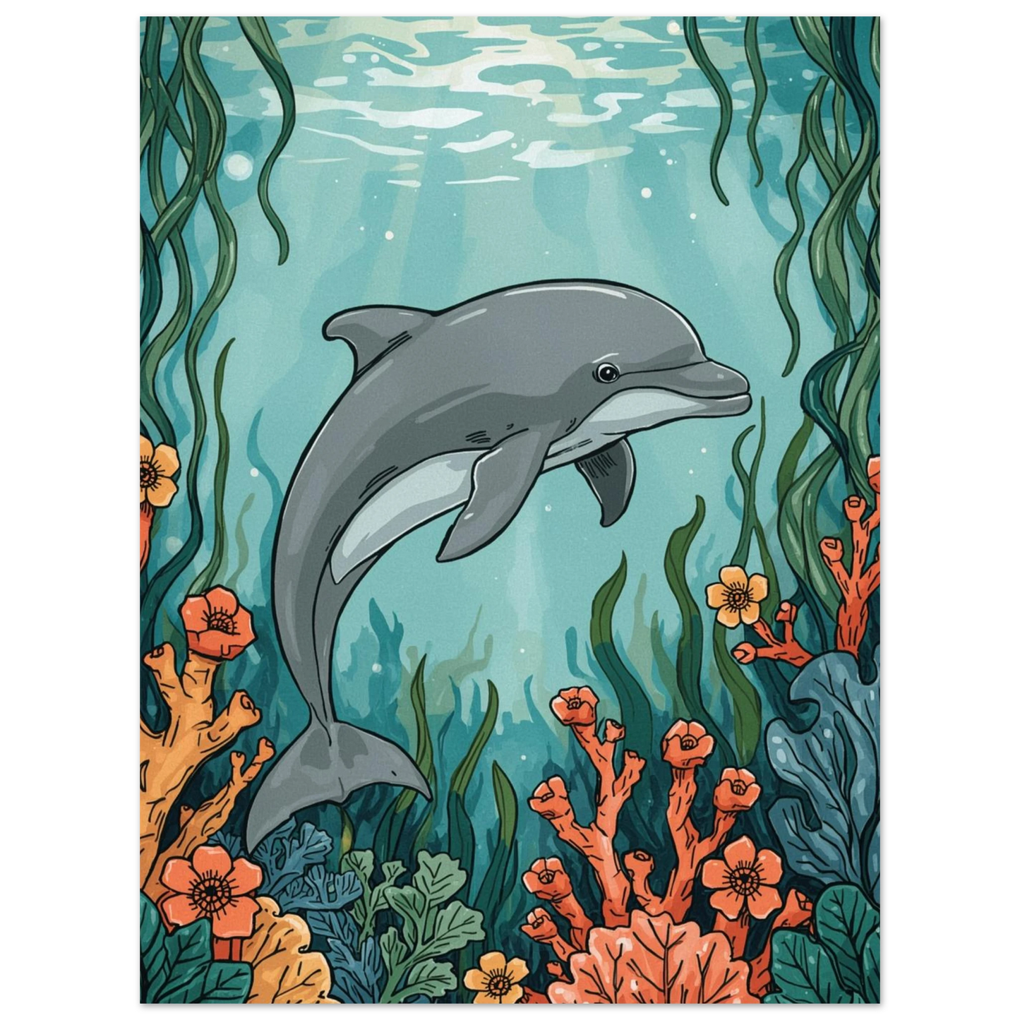 Undervattensmotiv med en grå delfin och ljusreflektioner i havet, print