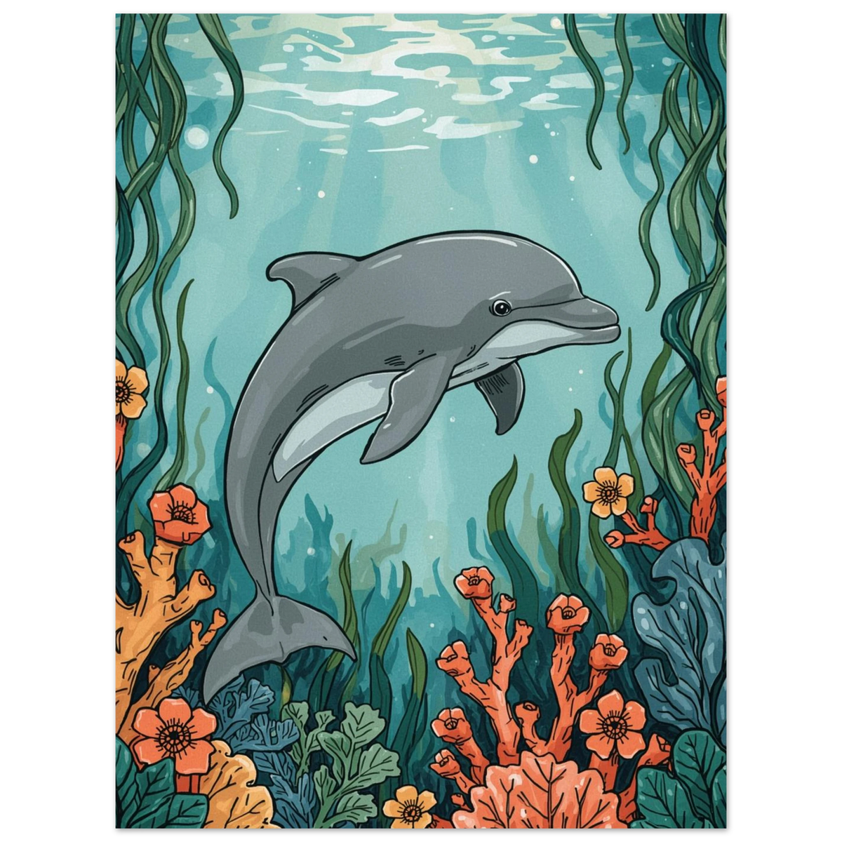Undervattensmotiv med en grå delfin och ljusreflektioner i havet, print