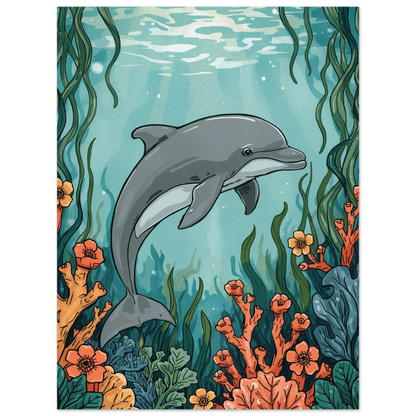 Undervattensmotiv med en grå delfin och ljusreflektioner i havet, print