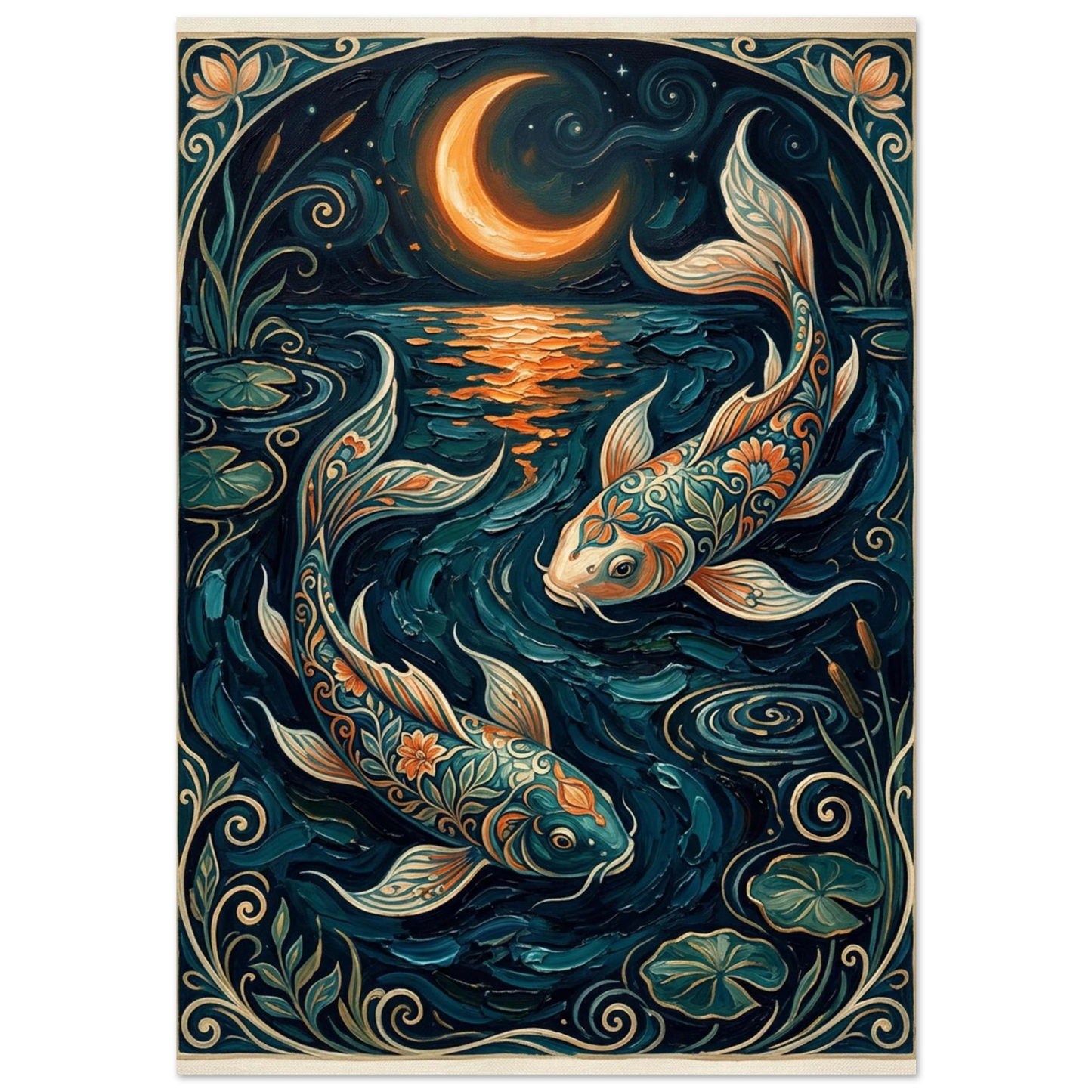 Mönstrade koi-fiskar under halvmåne – Art Nouveau inspirerad djurposter i midnattsblått