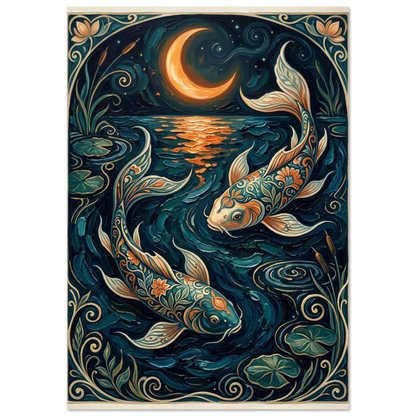 Mönstrade koi-fiskar under halvmåne – Art Nouveau inspirerad djurposter i midnattsblått