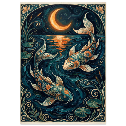 Mönstrade koi-fiskar under halvmåne – Art Nouveau inspirerad djurposter i midnattsblått