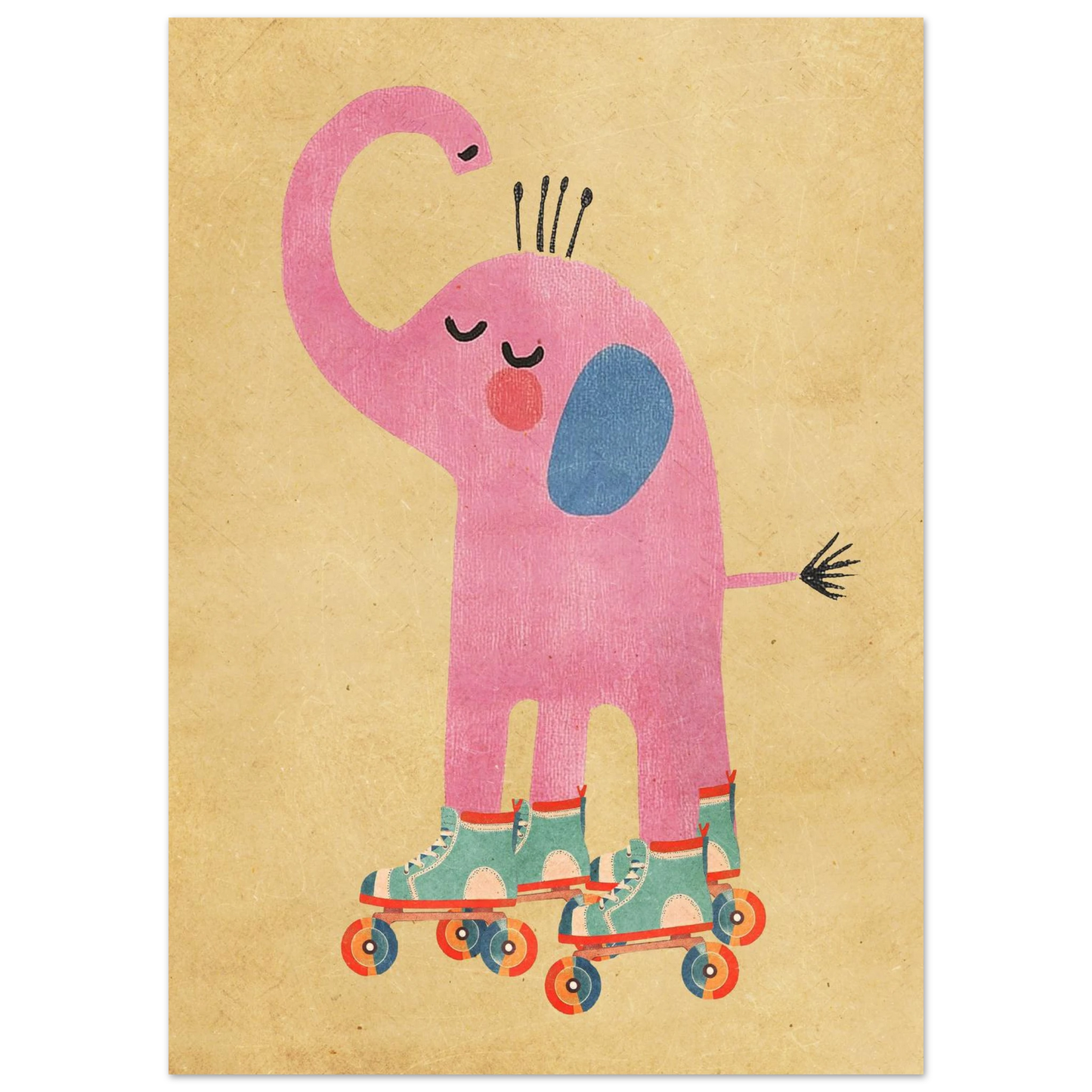 Illustration av en glad rosa elefant med rullskridskor, djurmotiv