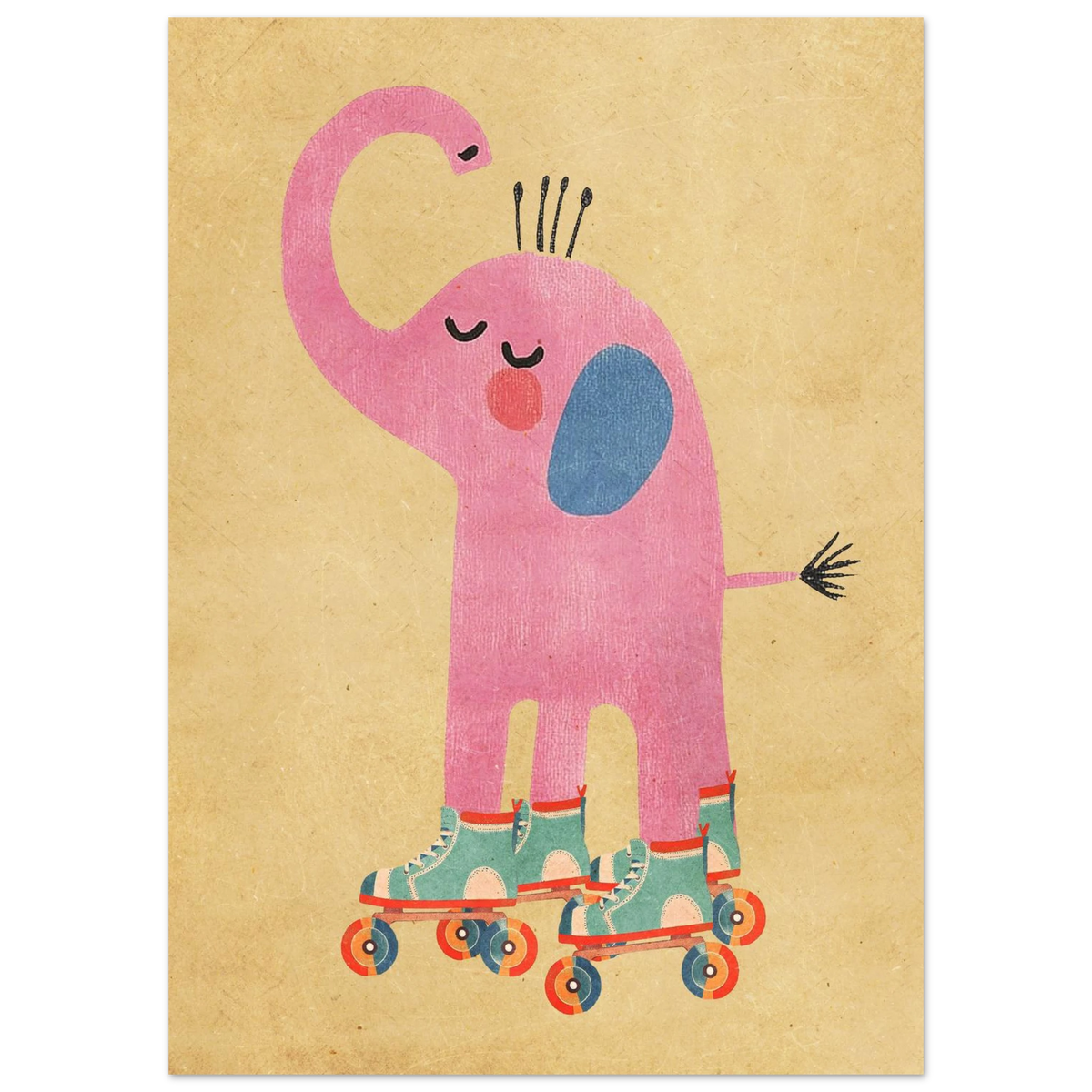 Illustration av en glad rosa elefant med rullskridskor, djurmotiv