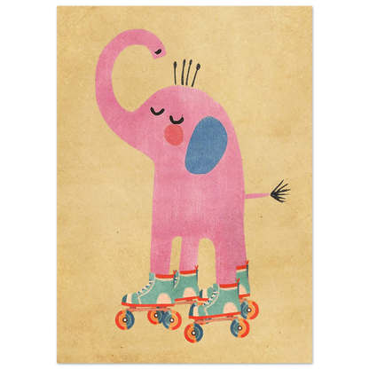 Illustration av en glad rosa elefant med rullskridskor, djurmotiv