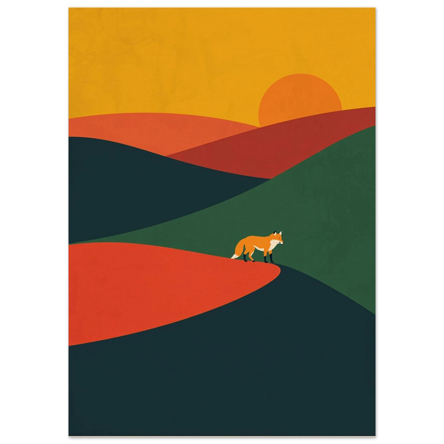 Minimalistisk illustration av en räv i ett färgstarkt backlandskap med sol
