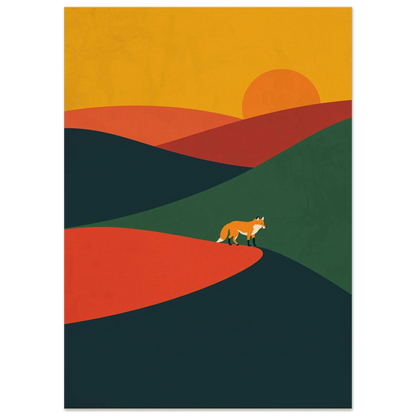 Minimalistisk illustration av en räv i ett färgstarkt backlandskap med sol