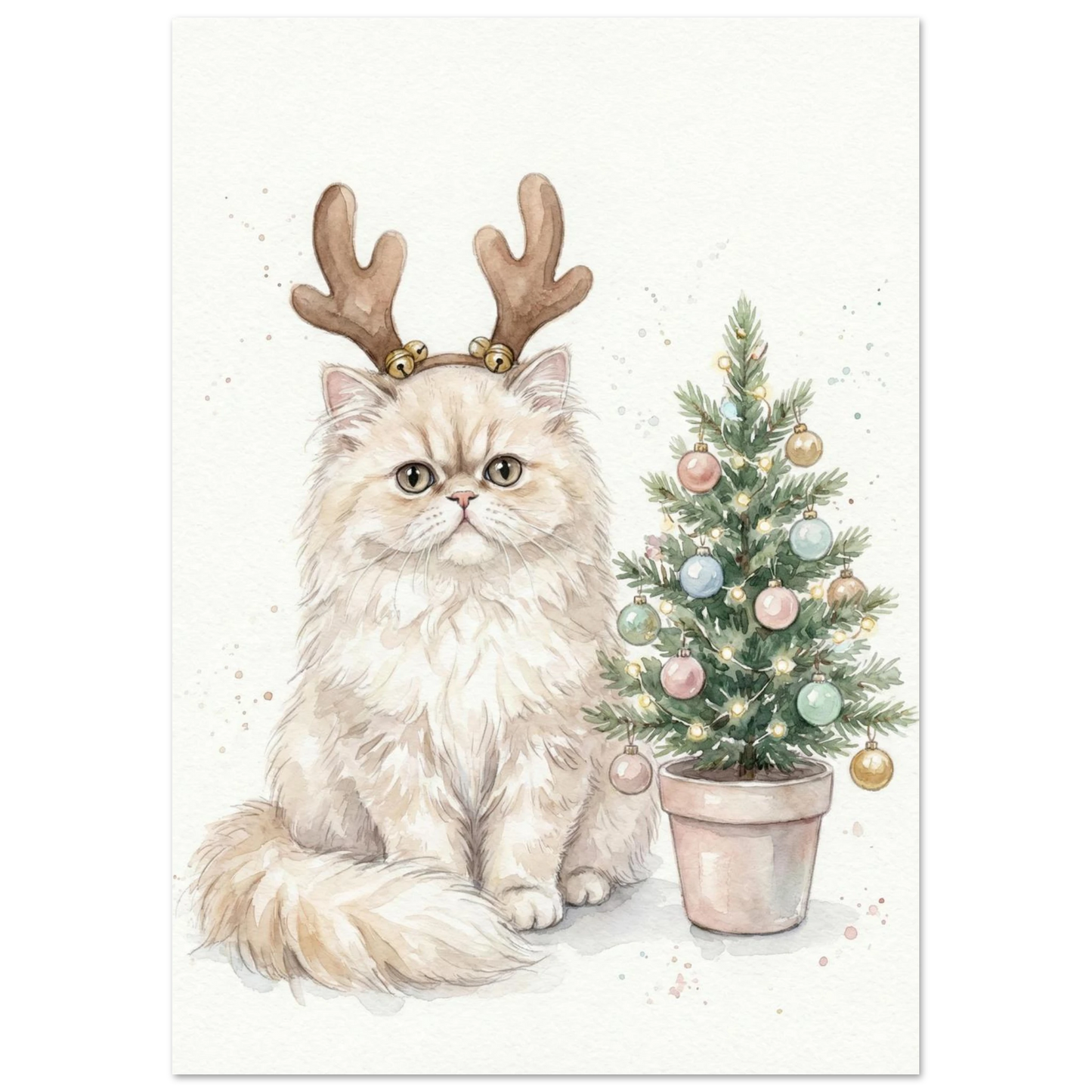 Kattmotiv i akvarell föreställande perserkatt med juldekorationer och gran