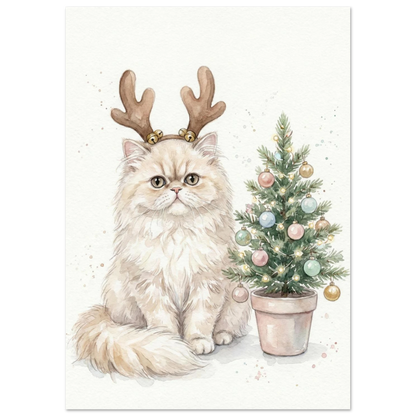 Kattmotiv i akvarell föreställande perserkatt med juldekorationer och gran