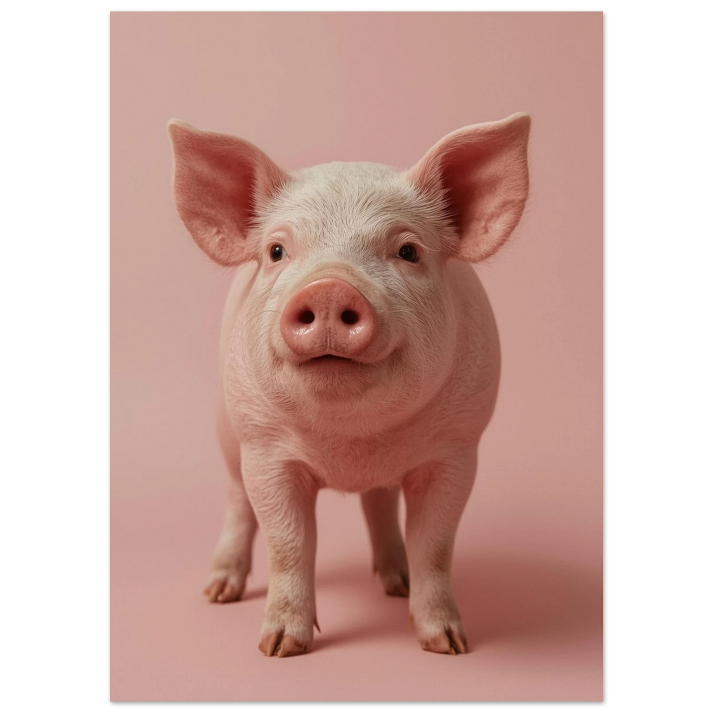 Porträtt av en liten gris i mjukt studioljus, rosa väggkonst
