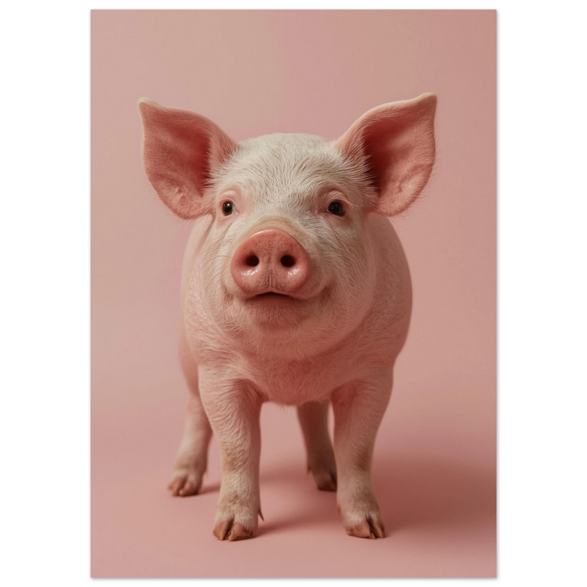 Porträtt av en liten gris i mjukt studioljus, rosa väggkonst