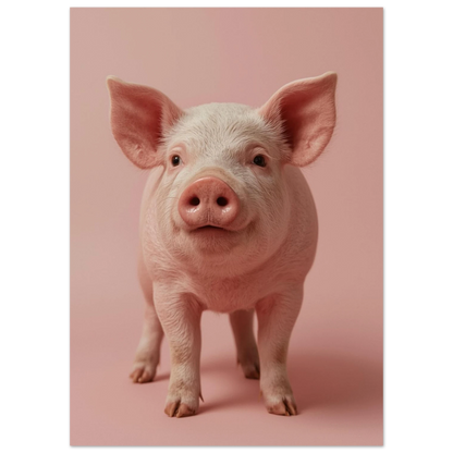Porträtt av en liten gris i mjukt studioljus, rosa väggkonst