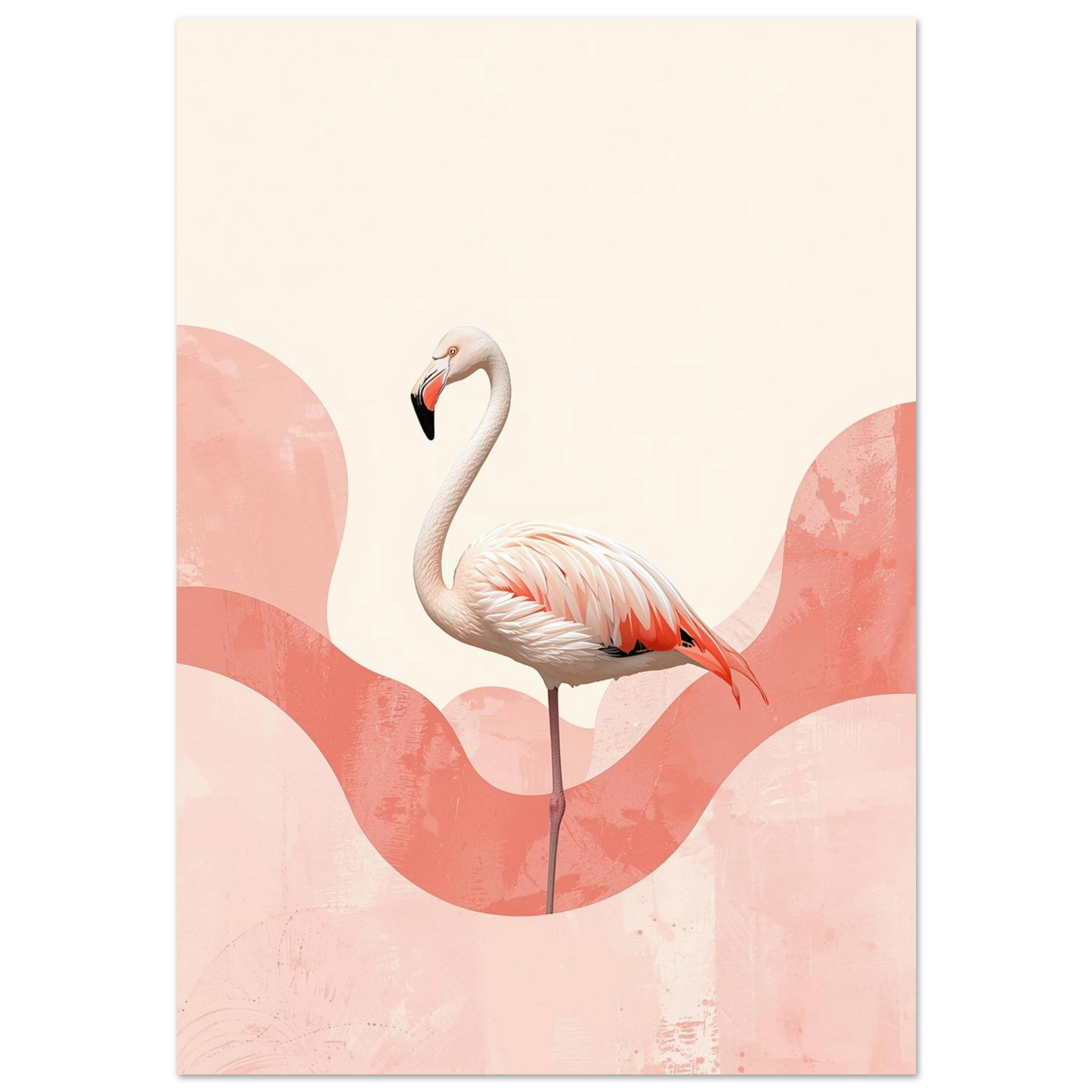 Stolt flamingo i profil mot korallrosa abstrakta vågor – modern djurposter