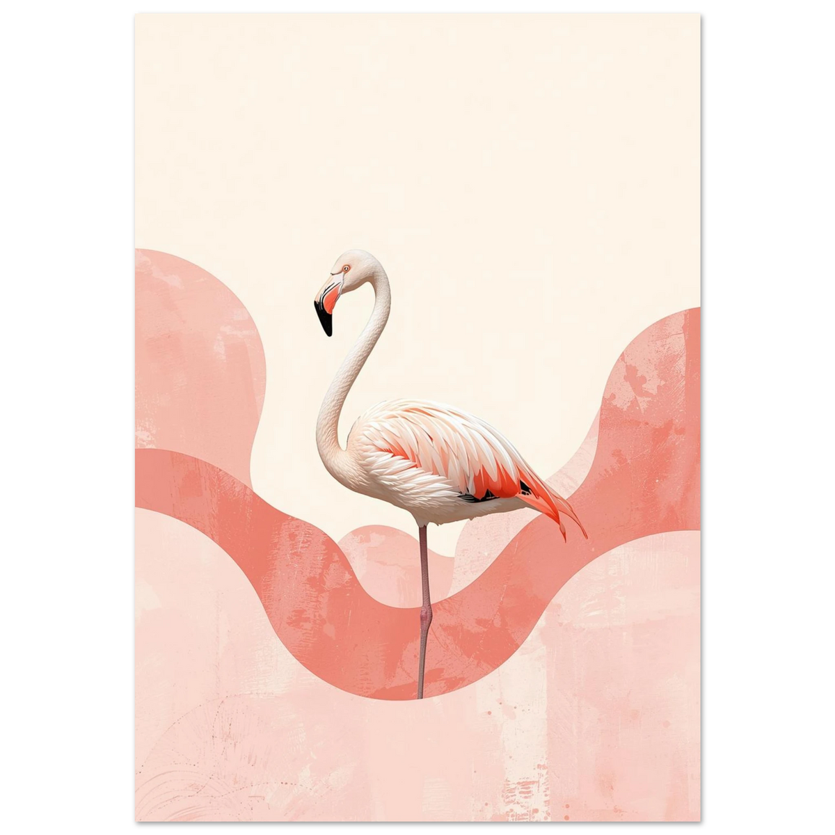 Stolt flamingo i profil mot korallrosa abstrakta vågor – modern djurposter