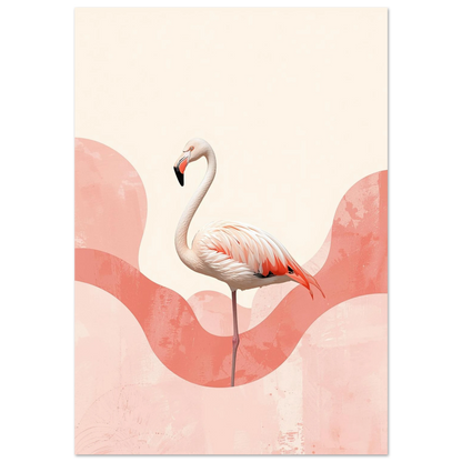 Stolt flamingo i profil mot korallrosa abstrakta vågor – modern djurposter
