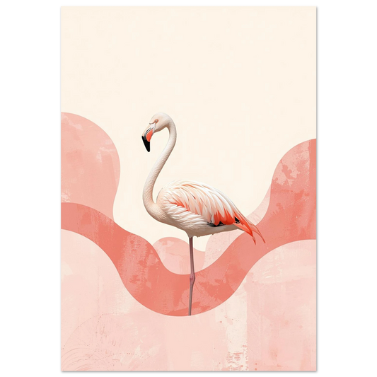 Stolt flamingo i profil mot korallrosa abstrakta vågor – modern djurposter