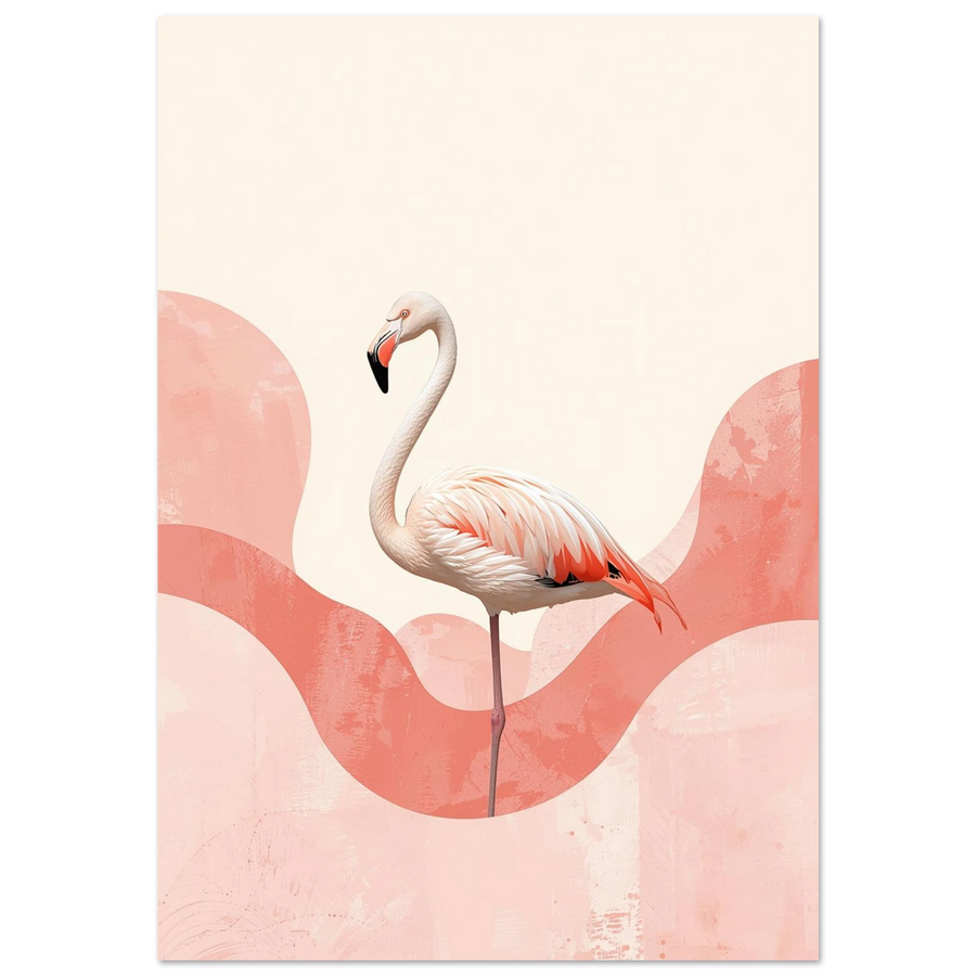 Stolt flamingo i profil mot korallrosa abstrakta vågor – modern djurposter