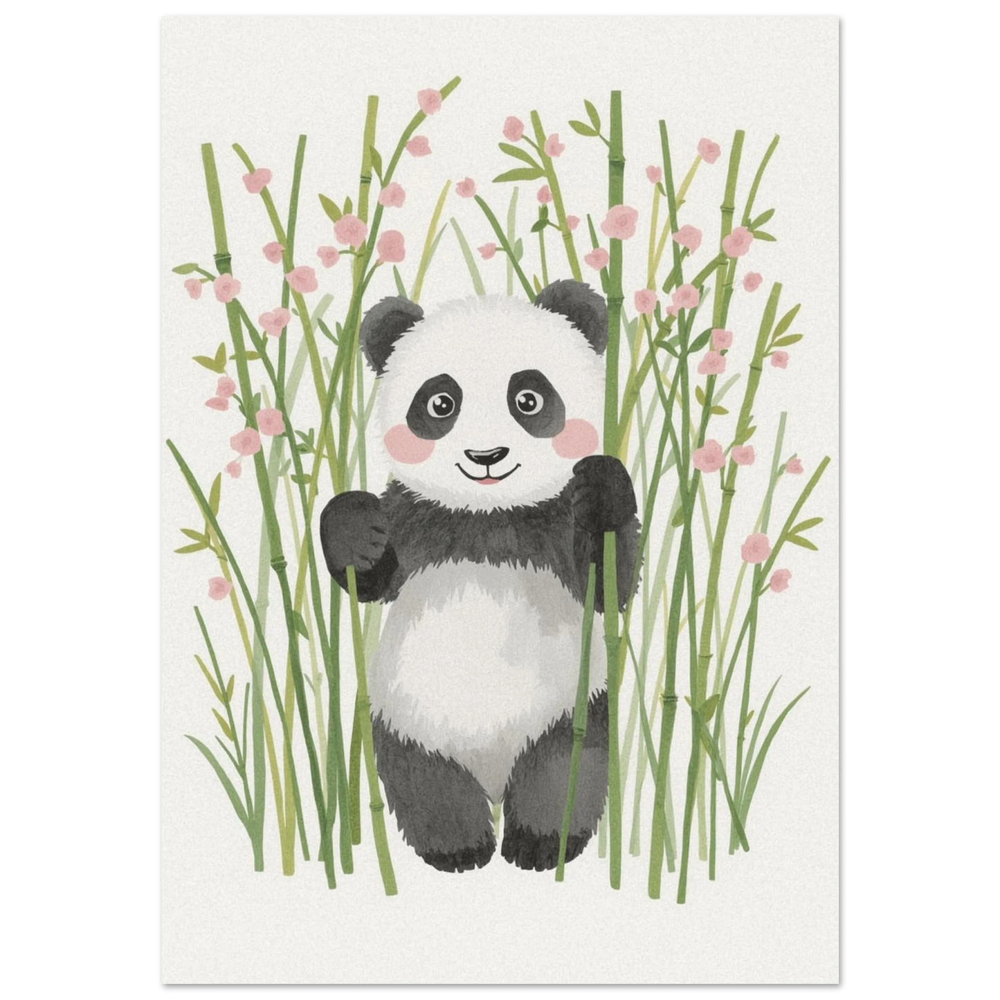 Söt panda i bambuskog med rosa blommor – akvarellmålning för barnrum
