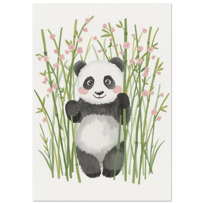 Söt panda i bambuskog med rosa blommor – akvarellmålning för barnrum