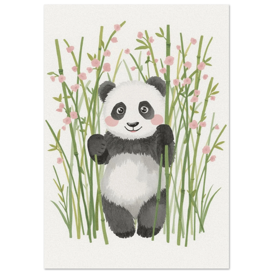 Söt panda i bambuskog med rosa blommor – akvarellmålning för barnrum