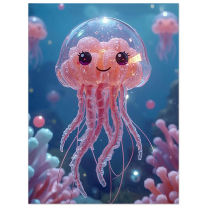 Glittrande undervattensscen med en charmig rosa manet – barnrumsposter