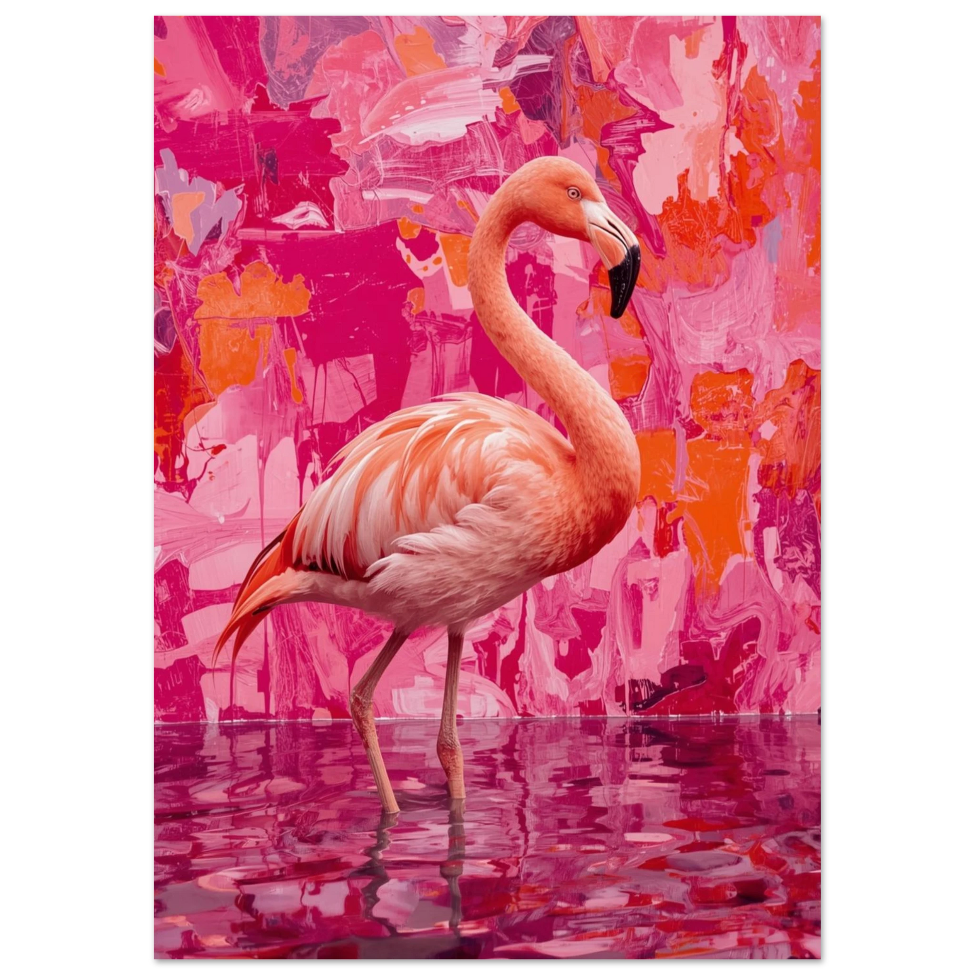 Expressiv oljemålning av en flamingo i intensiva nyanser av magenta