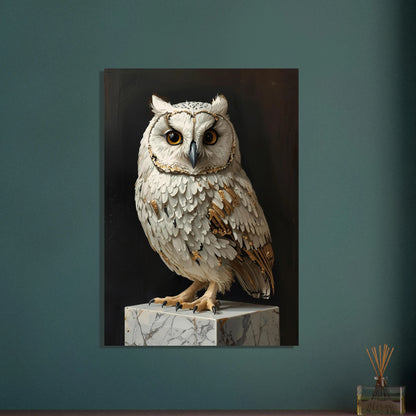 Majestätisk uggla i impasto oljestil, vit med gyllene detaljer, på marmor.