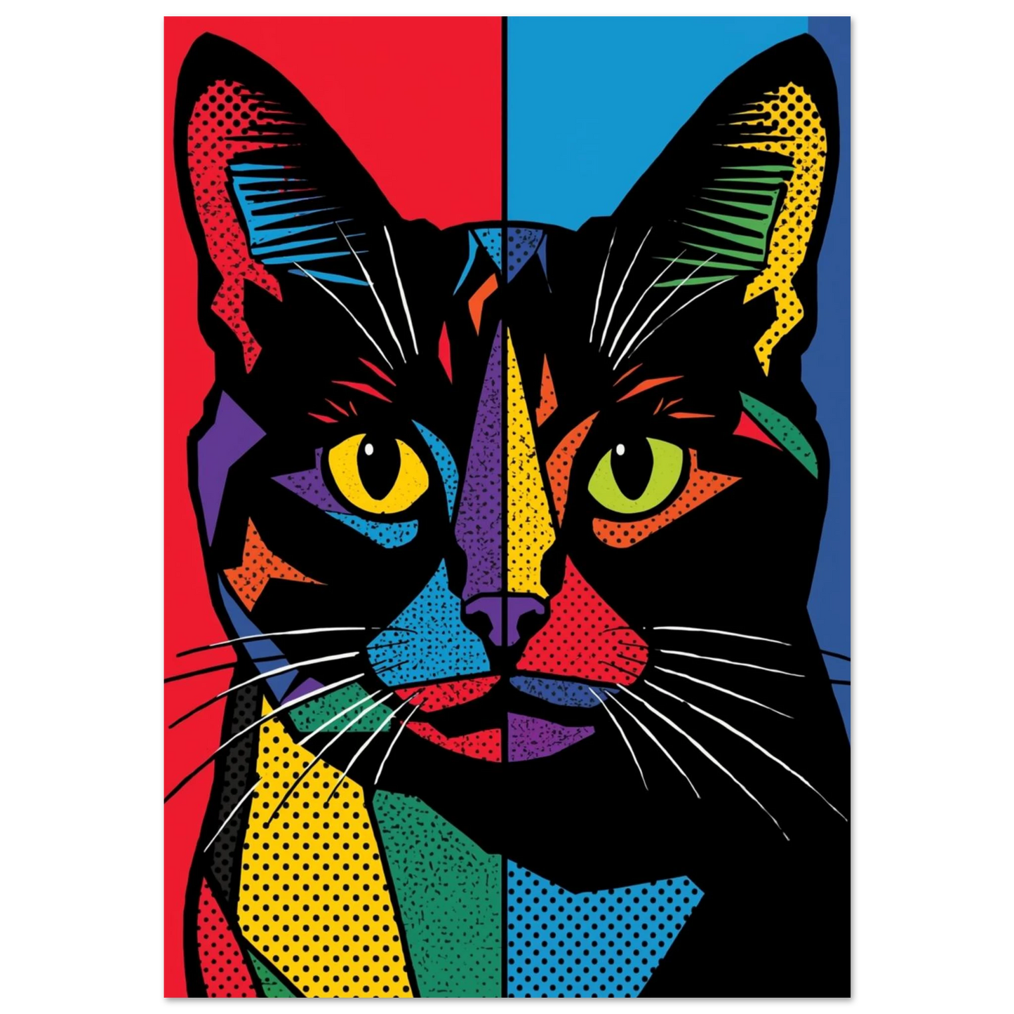 Popkonst-poster av en svart katt med färgstarka geometriska mönster