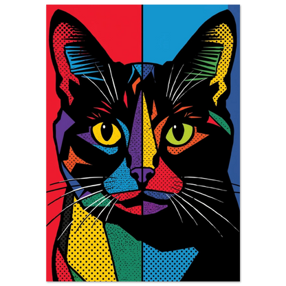 Popkonst-poster av en svart katt med färgstarka geometriska mönster