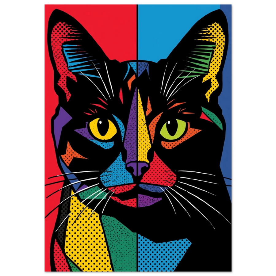 Popkonst-poster av en svart katt med färgstarka geometriska mönster