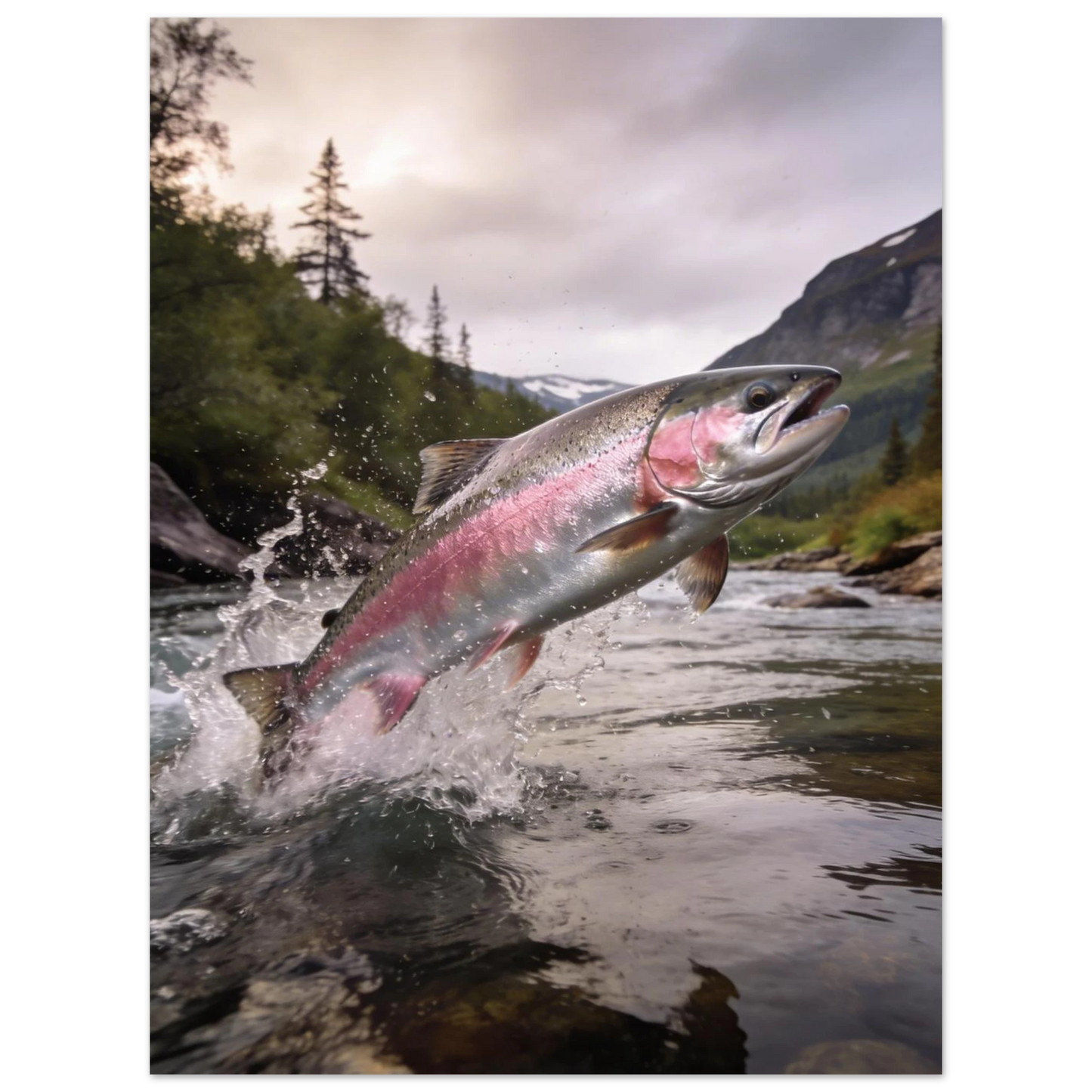 Fotorealistisk laxposter med vattenspridning och grönskande natur i bakgrunden