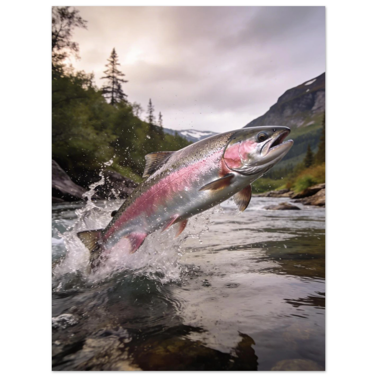 Fotorealistisk laxposter med vattenspridning och grönskande natur i bakgrunden
