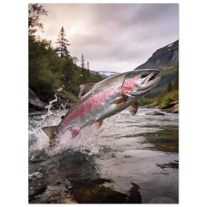 Fotorealistisk laxposter med vattenspridning och grönskande natur i bakgrunden