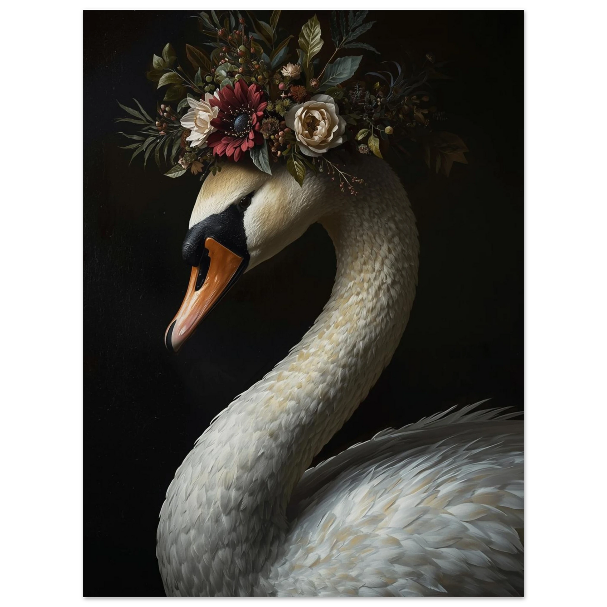 Elegant motiv av svan med röda och vita blommor – Målad poster