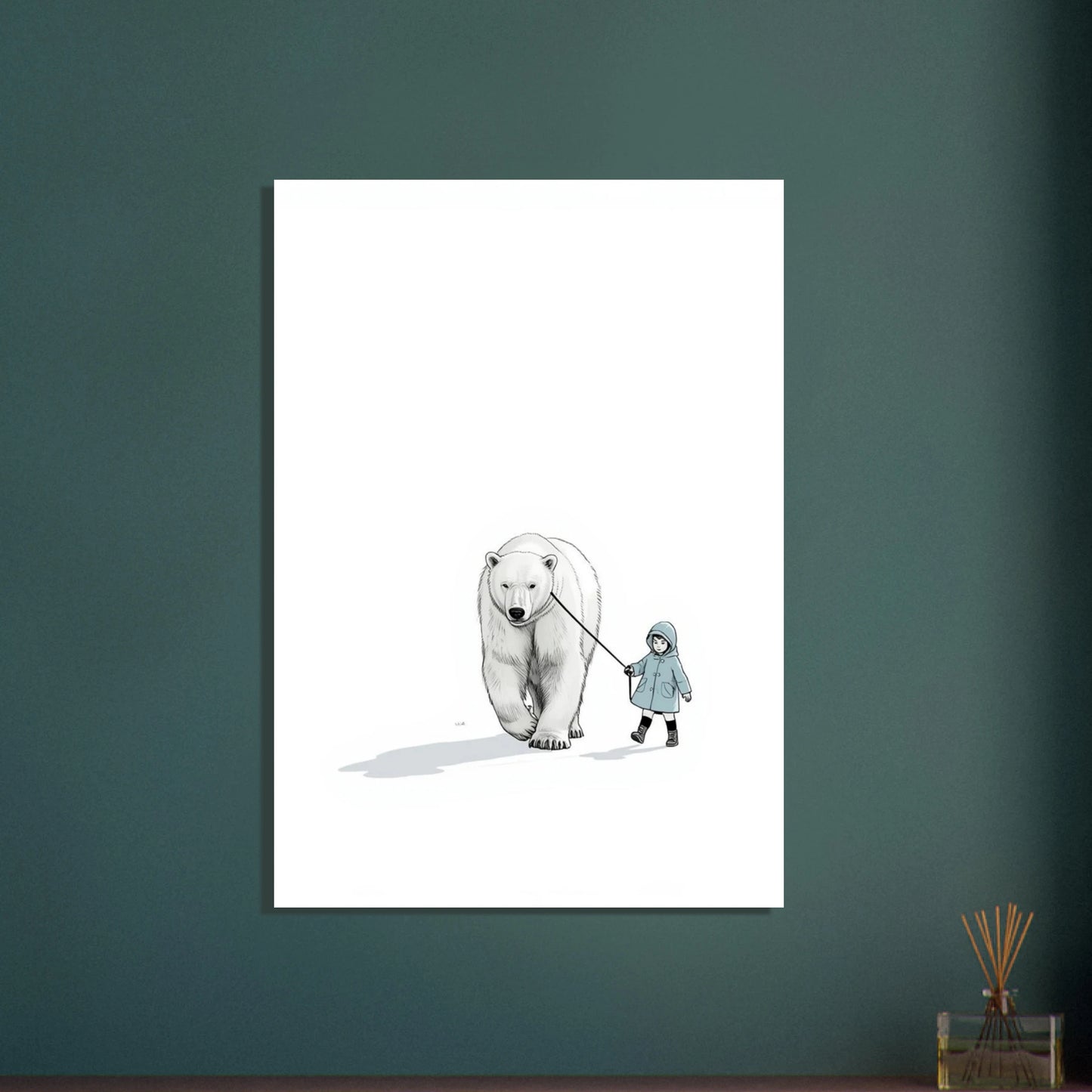 Isbjörn och barn på koppel i minimalistisk illustration