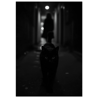 Svart katt vandrar i mörk gränd med lysande ögon, fotokonst