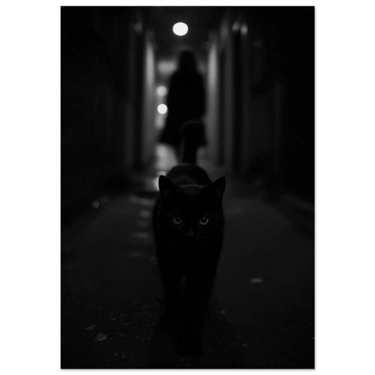 Svart katt vandrar i mörk gränd med lysande ögon, fotokonst