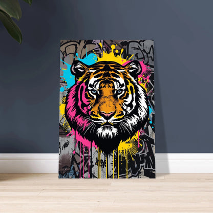 Tigerns ansikte i graffiti popkonst, färgstarkt och energiskt uttryck.