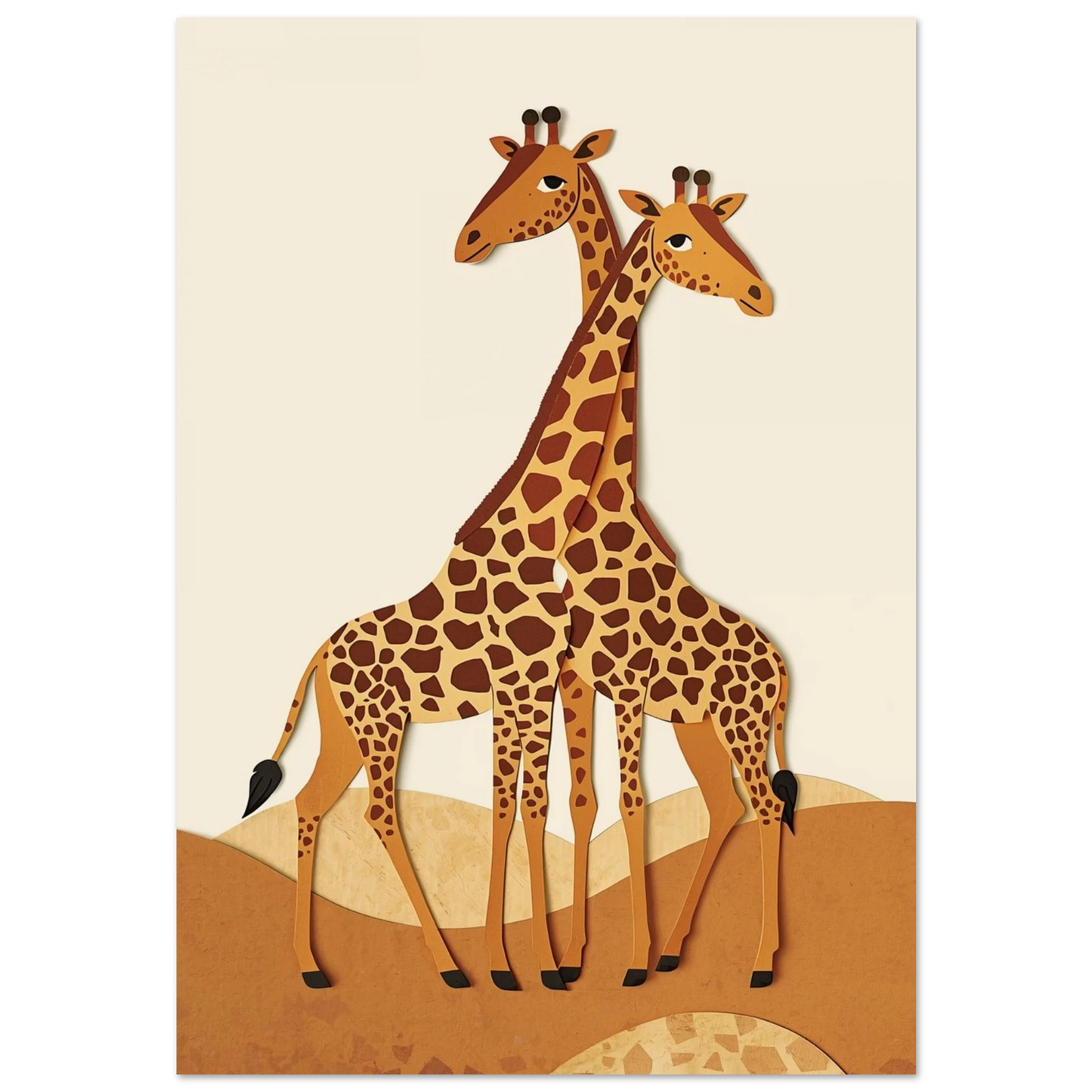 Två giraffer i pappersklipp-stil med bruna fläckar mot beige bakgrund