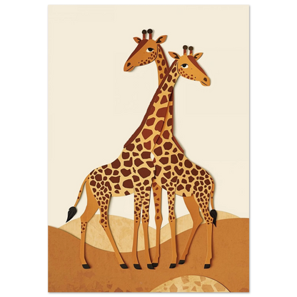 Två giraffer i pappersklipp-stil med bruna fläckar mot beige bakgrund