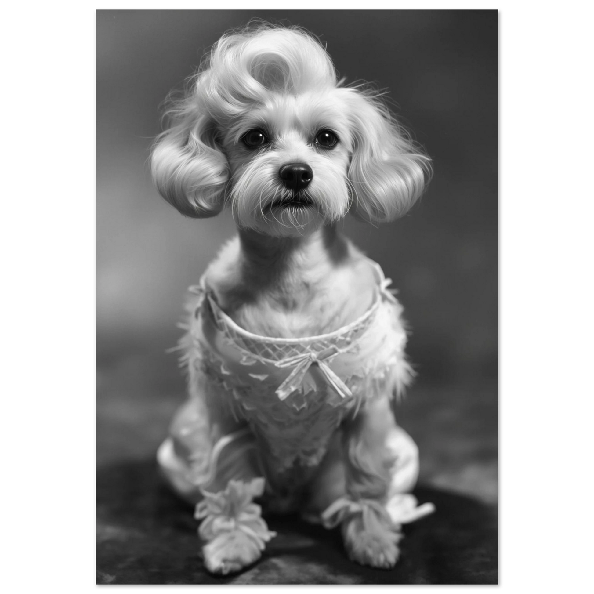 Svartvitt porträtt av en liten fluffig hund med elegant frisyr – Fotorealistisk poster
