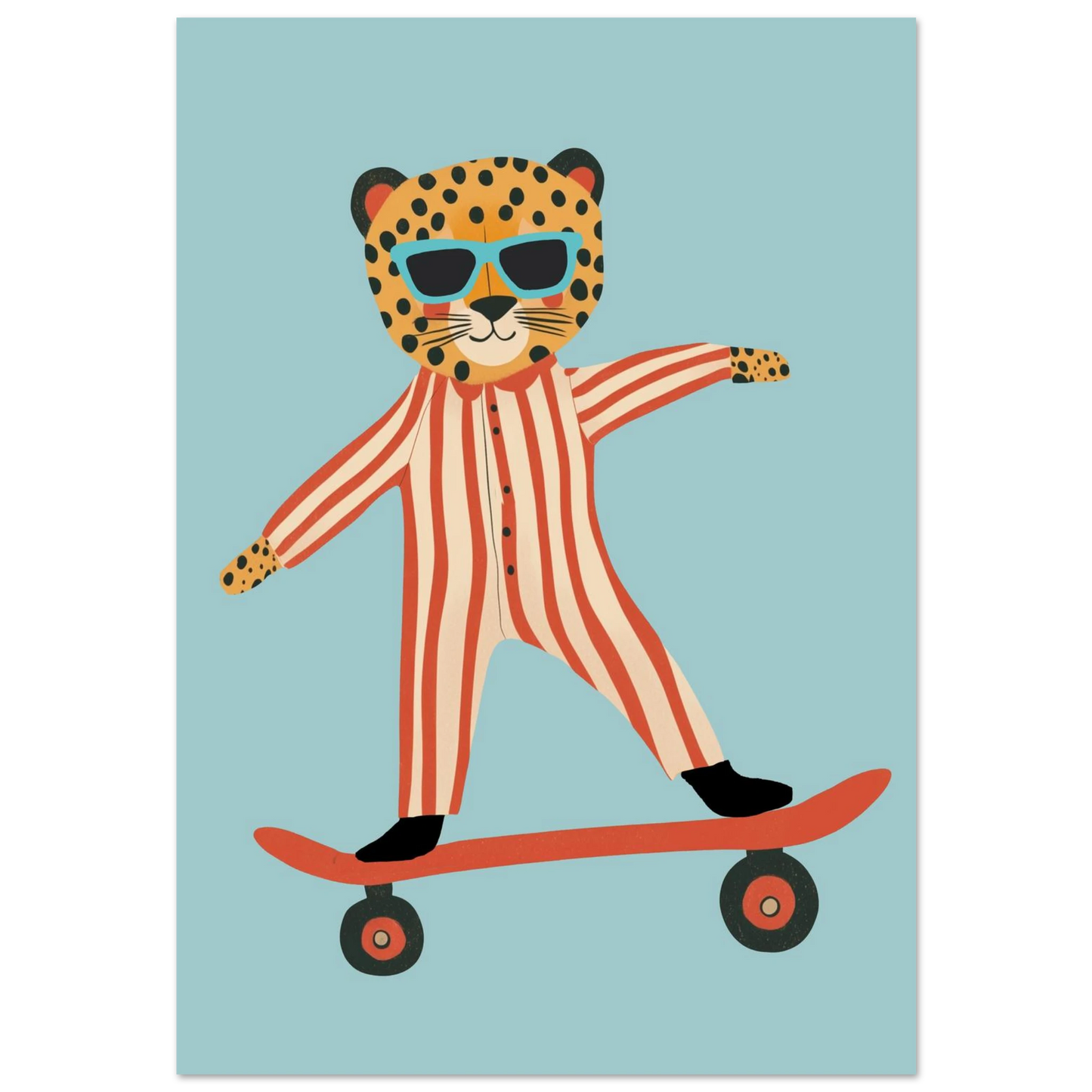 Leopard i rödvitrandig pyjamas på skateboard mot blå bakgrund