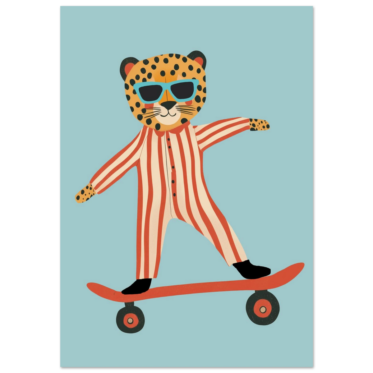 Leopard i rödvitrandig pyjamas på skateboard mot blå bakgrund